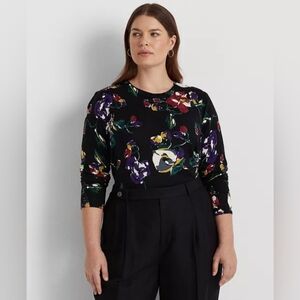 Lauren Ralph Lauren Plus Size Fine Knit Cotton Modal Floral Crewneck Sweater